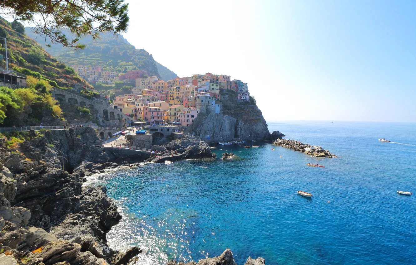 Фото обои море, пейзаж, скала, Италия, панорама, Манарола