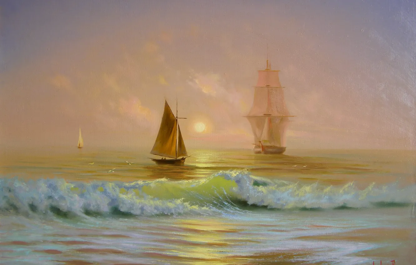 Фото обои море, солнце, рассвет, волна, корабль, красота, картина, лодки