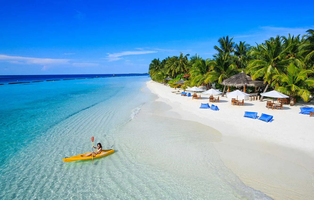 Фото обои пляж, пальмы, океан, остров, Мальдивы, курорт, лагуна