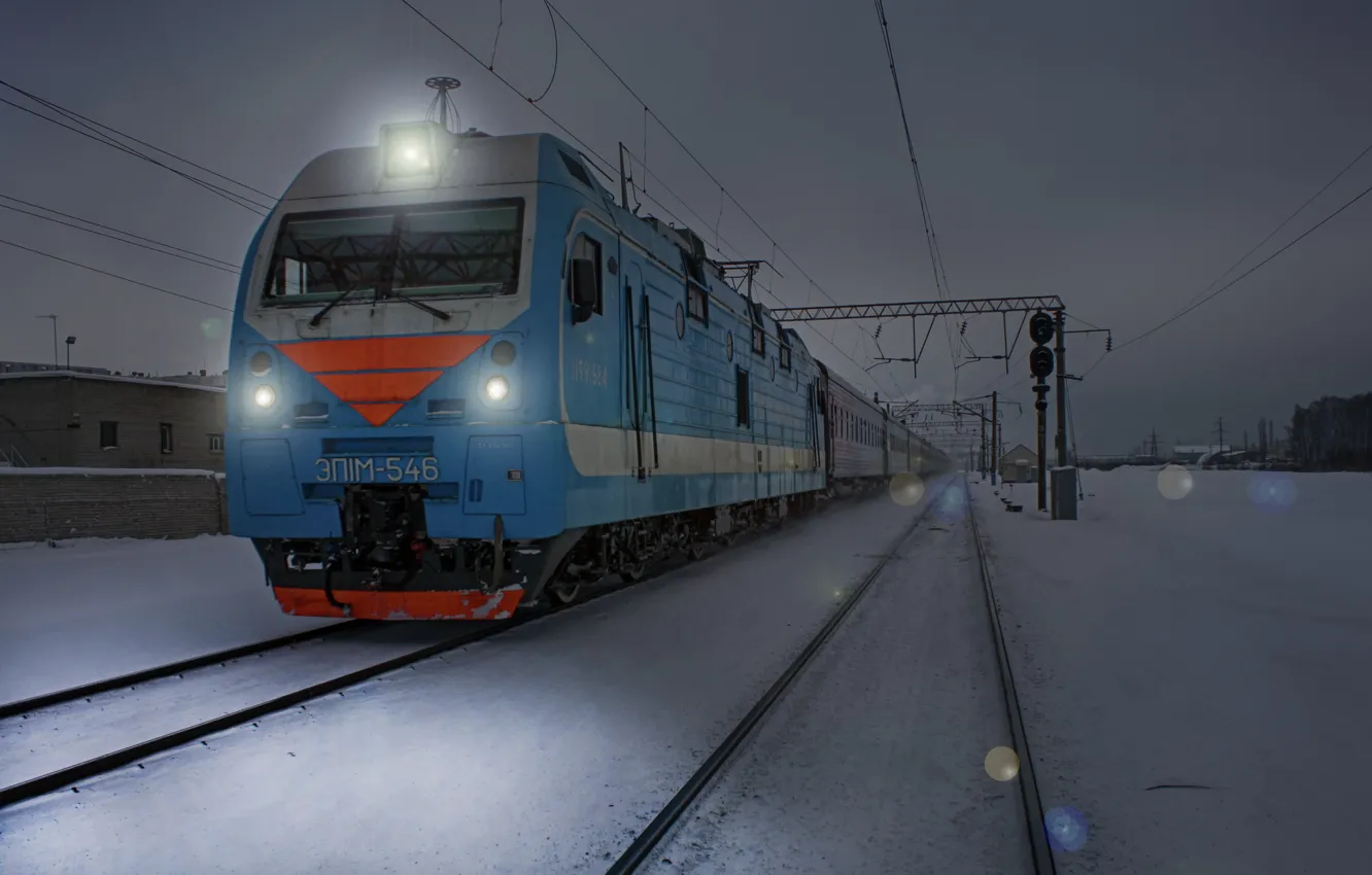 Фото обои зима, ночь, огни, Поезд