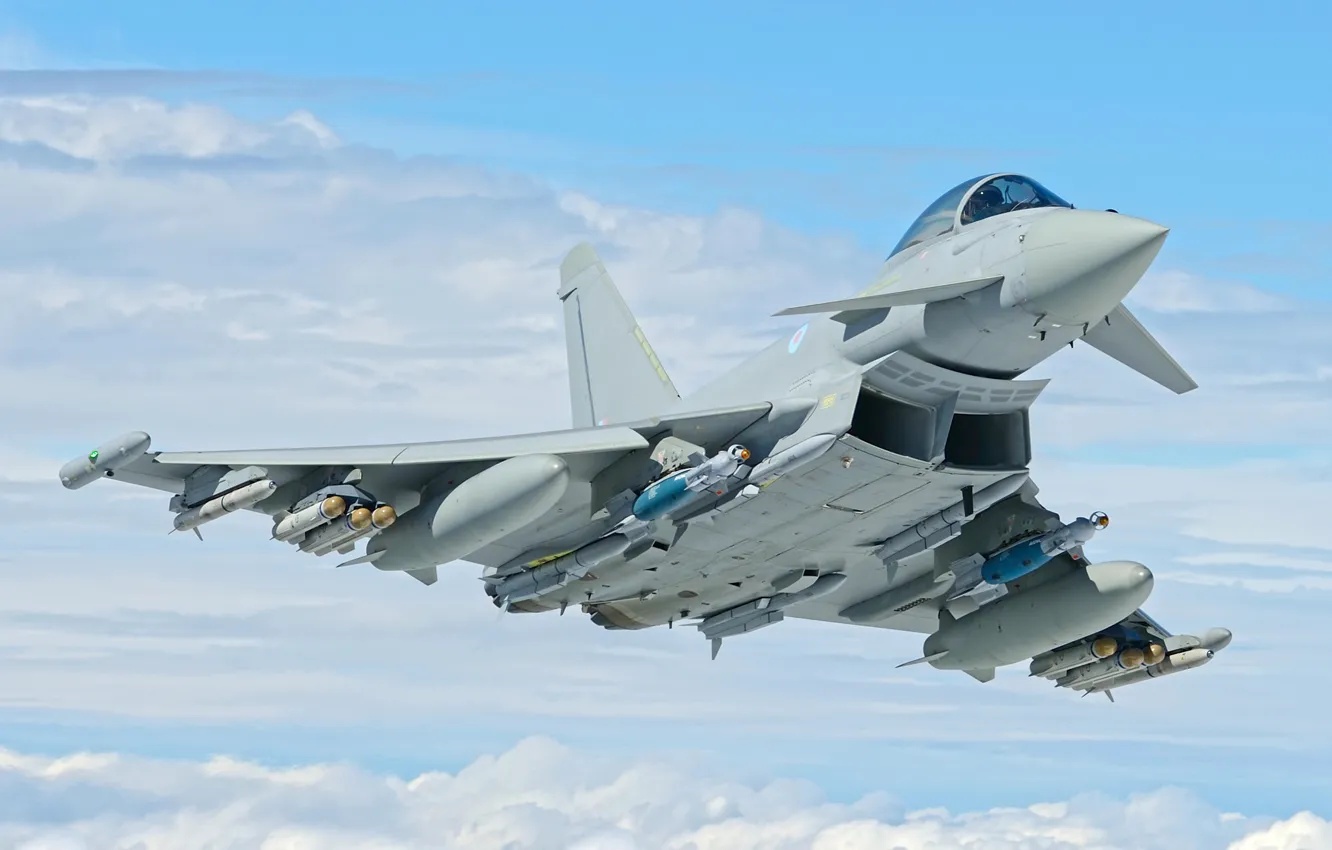 Фото обои RAF, Eurofighter Typhoon, JDAM, ПГО, Многоцелевой Истребитель, ПТБ, MBDA Meteor, AIM-132 ASRAAM
