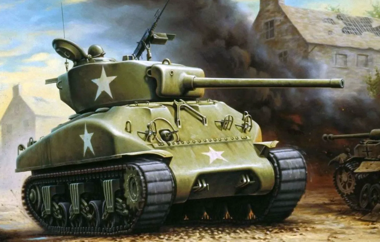 Фото обои война, дым, рисунок, арт, танк, разруха, Шерман