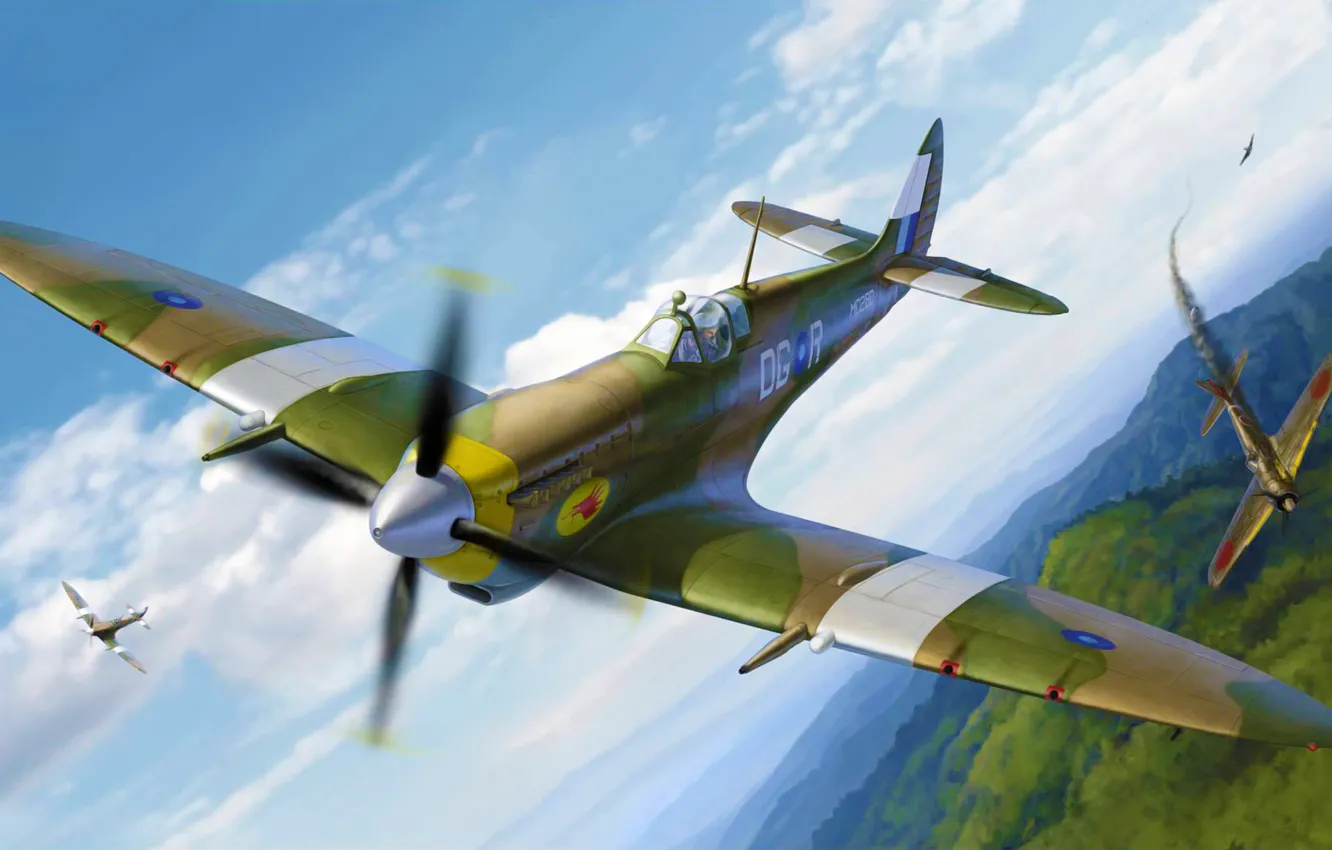 Фото обои war, art, airplane, painting, aviation, ww2, Spitfire Mk.VIII