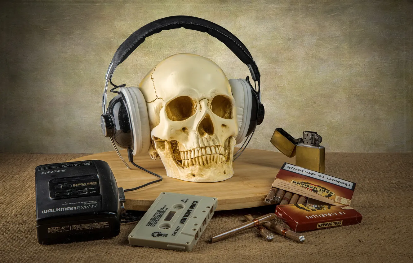 Фото обои музыка, череп, наушники, walkman