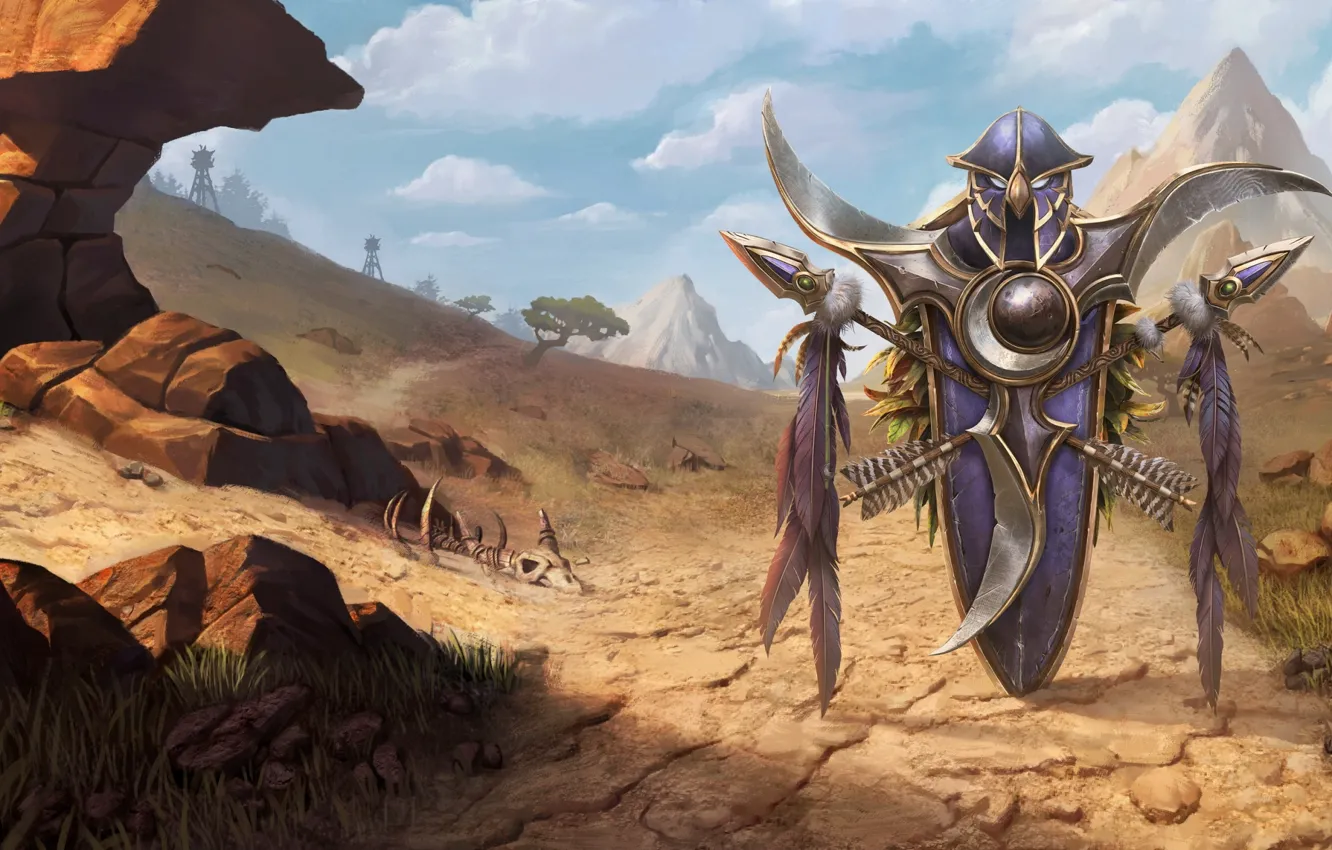 Фото обои World of Warcraft, game, desert, mountains, weapons, digital art, artwork, shield
