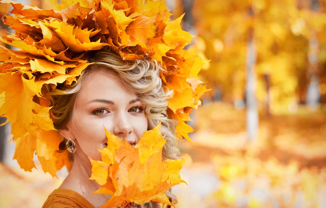 Фото обои осень, листва, Девушка