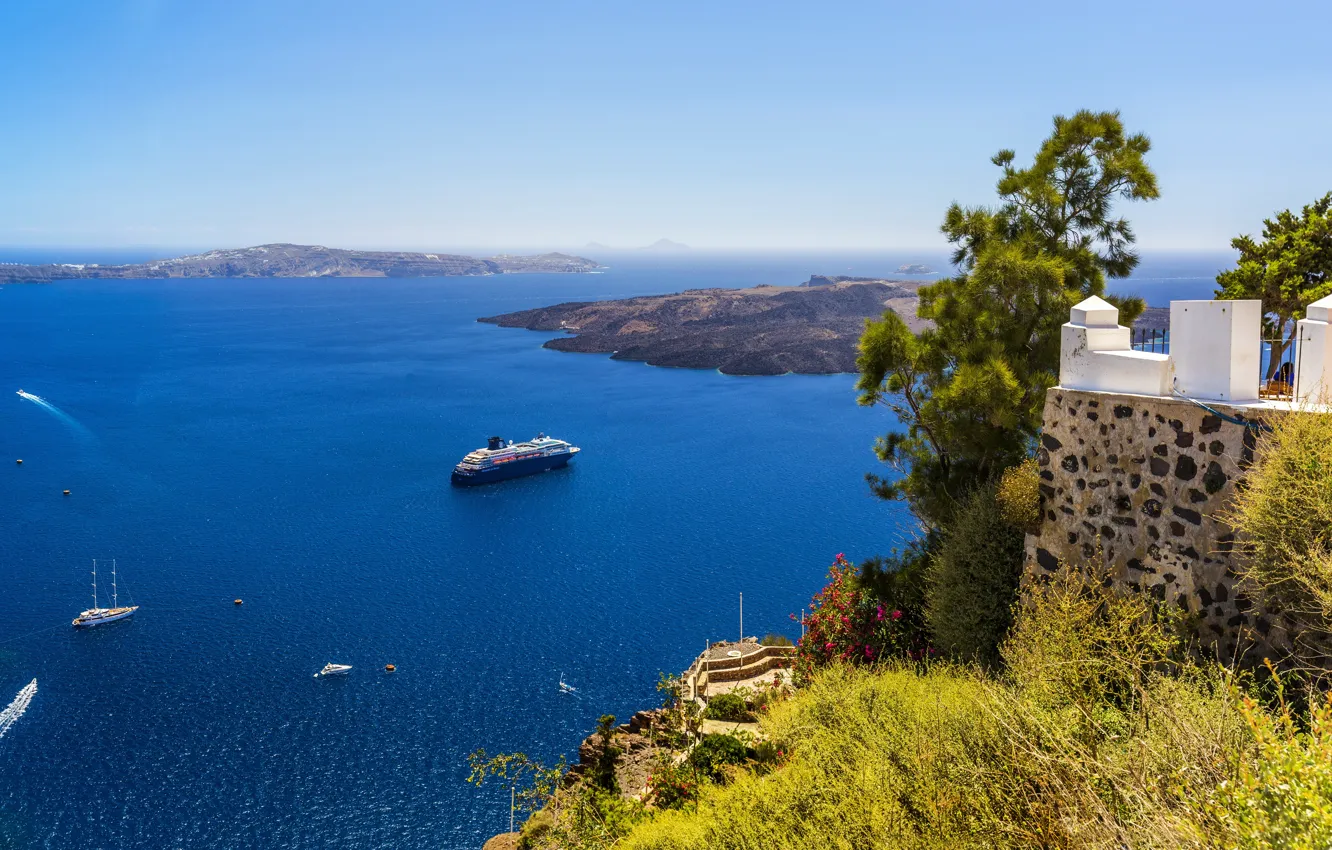 Фото обои море, побережье, яхты, Греция, горизонт, панорама, лайнер, вид сверху