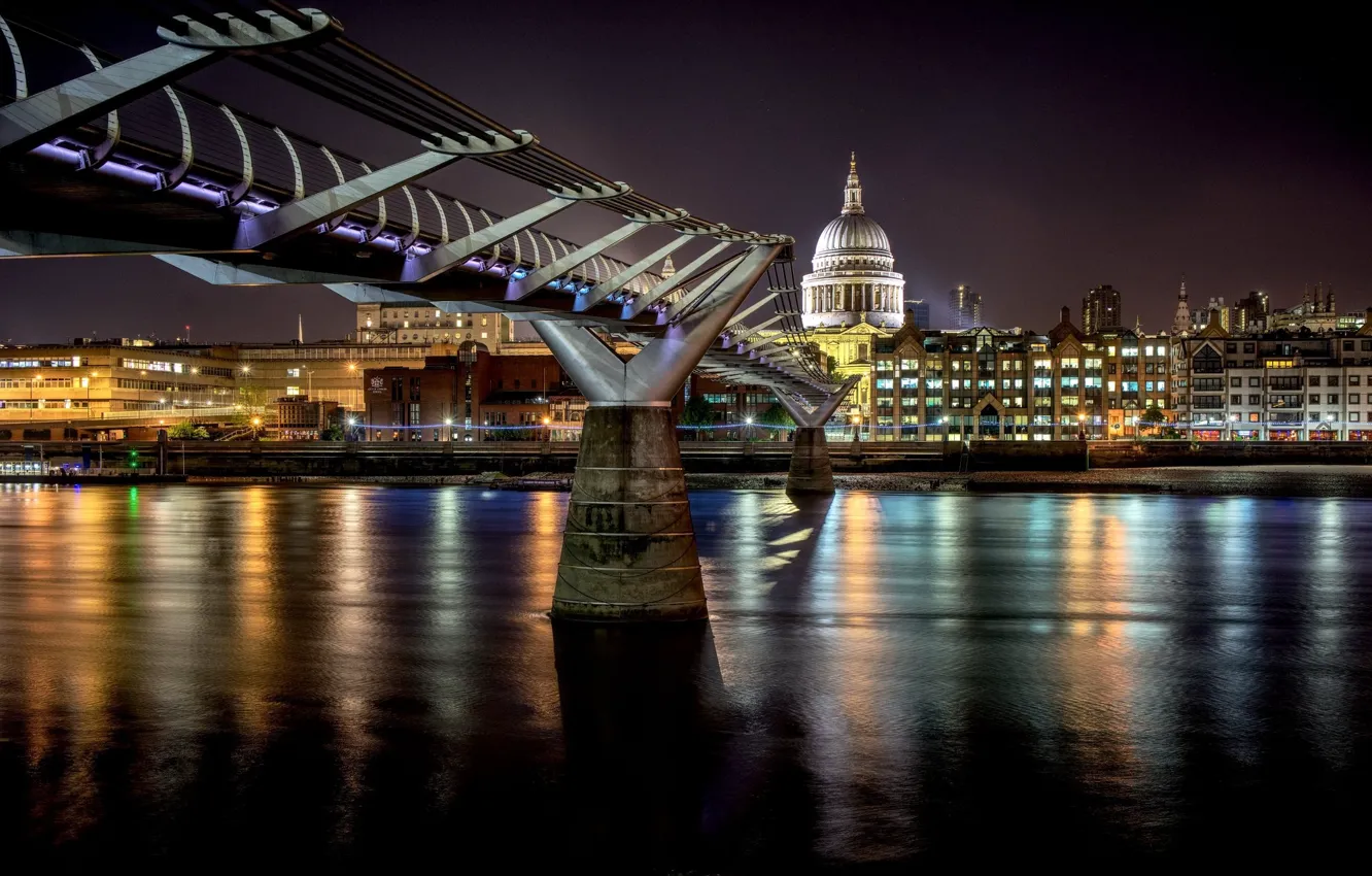 Фото обои ночь, мост, Лондон, Великобритания, Millennium Bridge