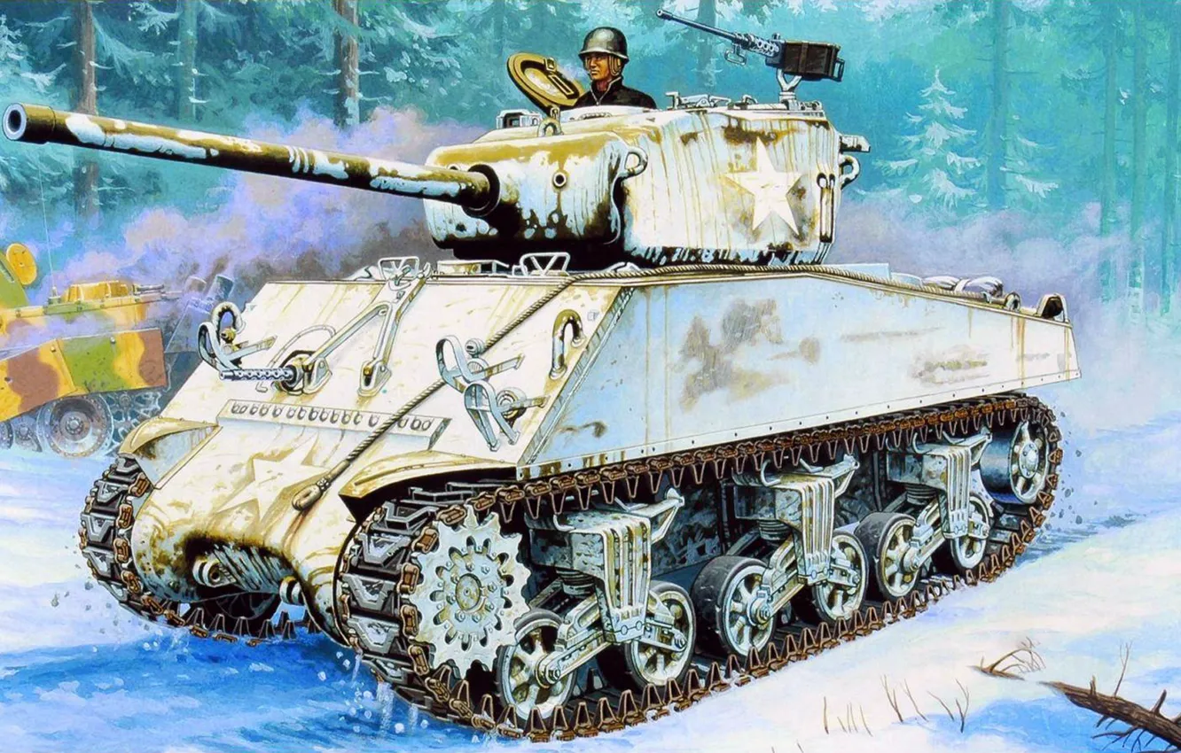 Фото обои зима, война, рисунок, арт, Sherman, 76-мм, M4A3