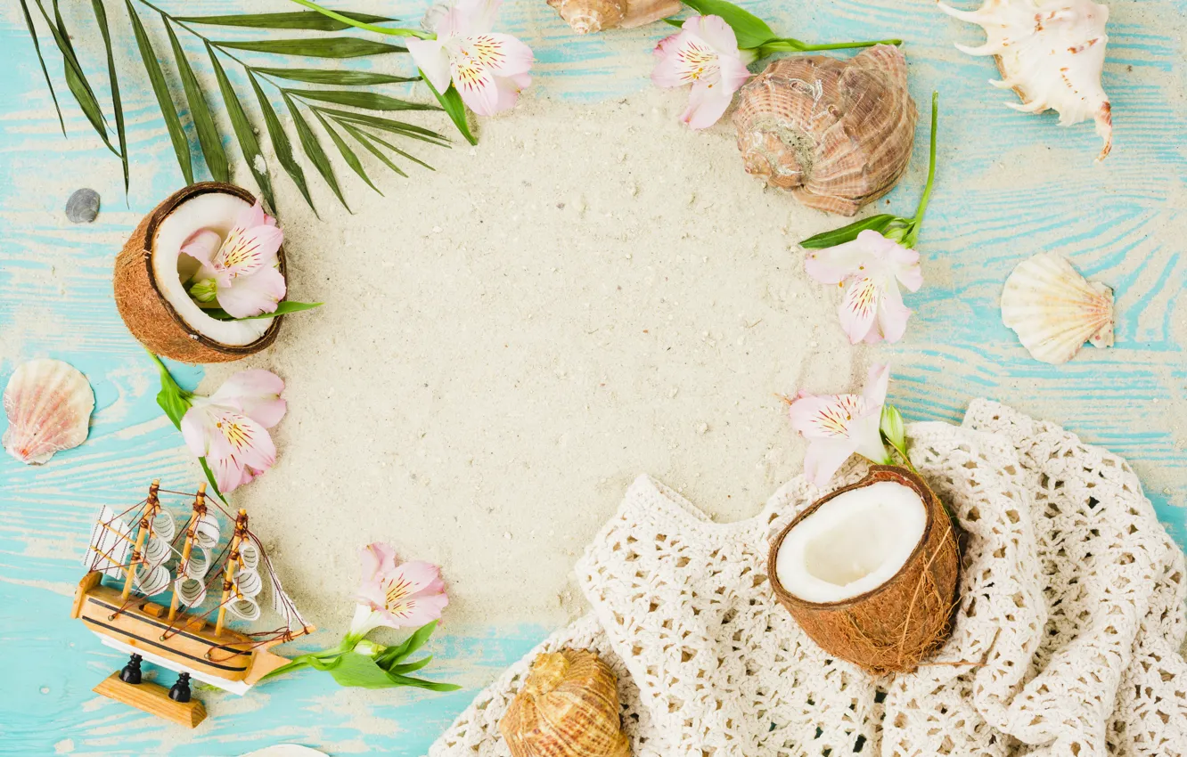 Фото обои песок, лето, кокос, ракушки, summer, beach, flowers, sand