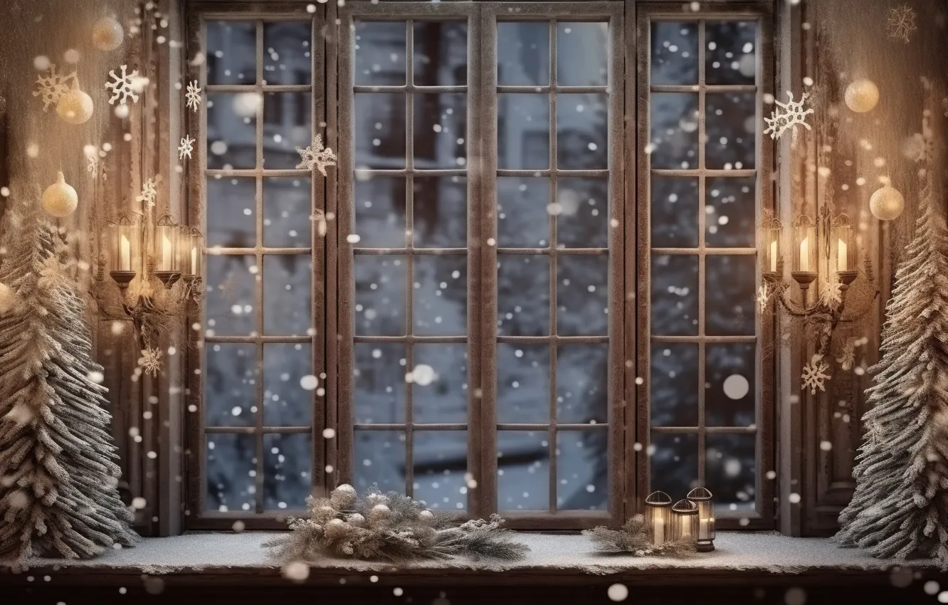 Фото обои зима, снег, украшения, шары, елка, Новый Год, окно, Рождество