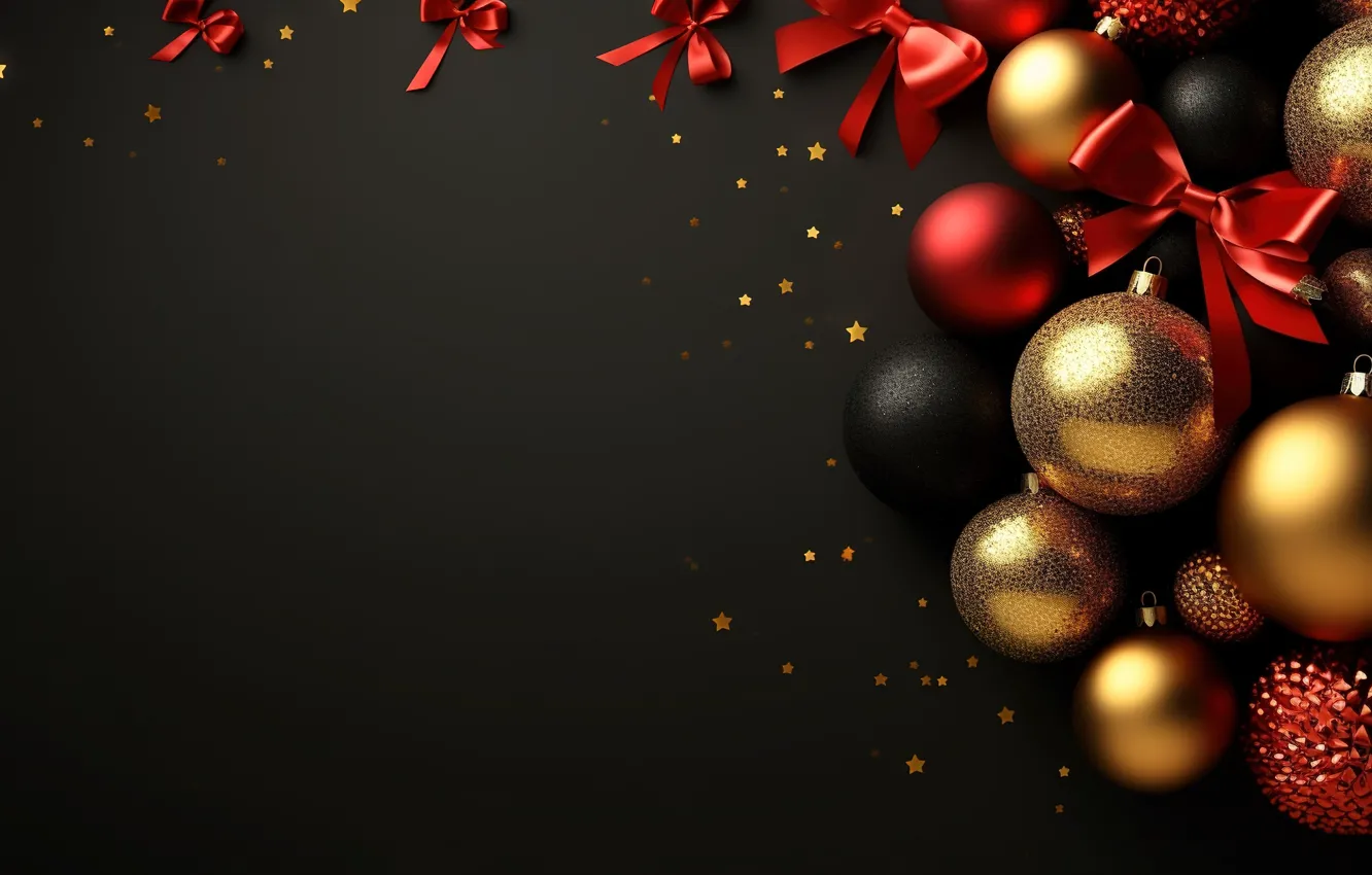 Фото обои украшения, темный фон, шары, Новый Год, Рождество, golden, new year, happy