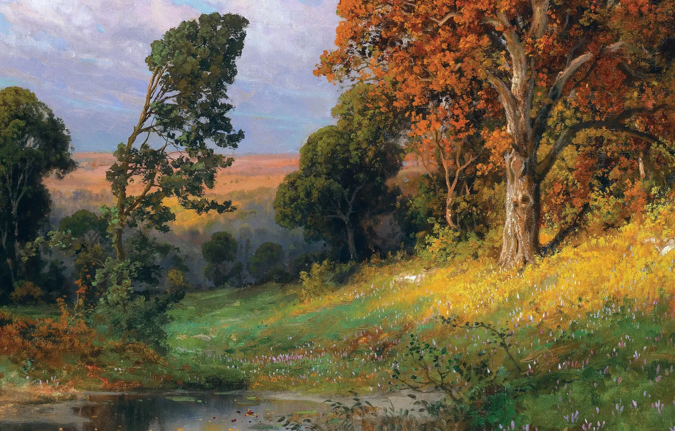 Фото обои Деревья, Картина, Речка, Alois Arnegger, Алоис Арнеггер, Австрийский живописец, Когда опадают листья