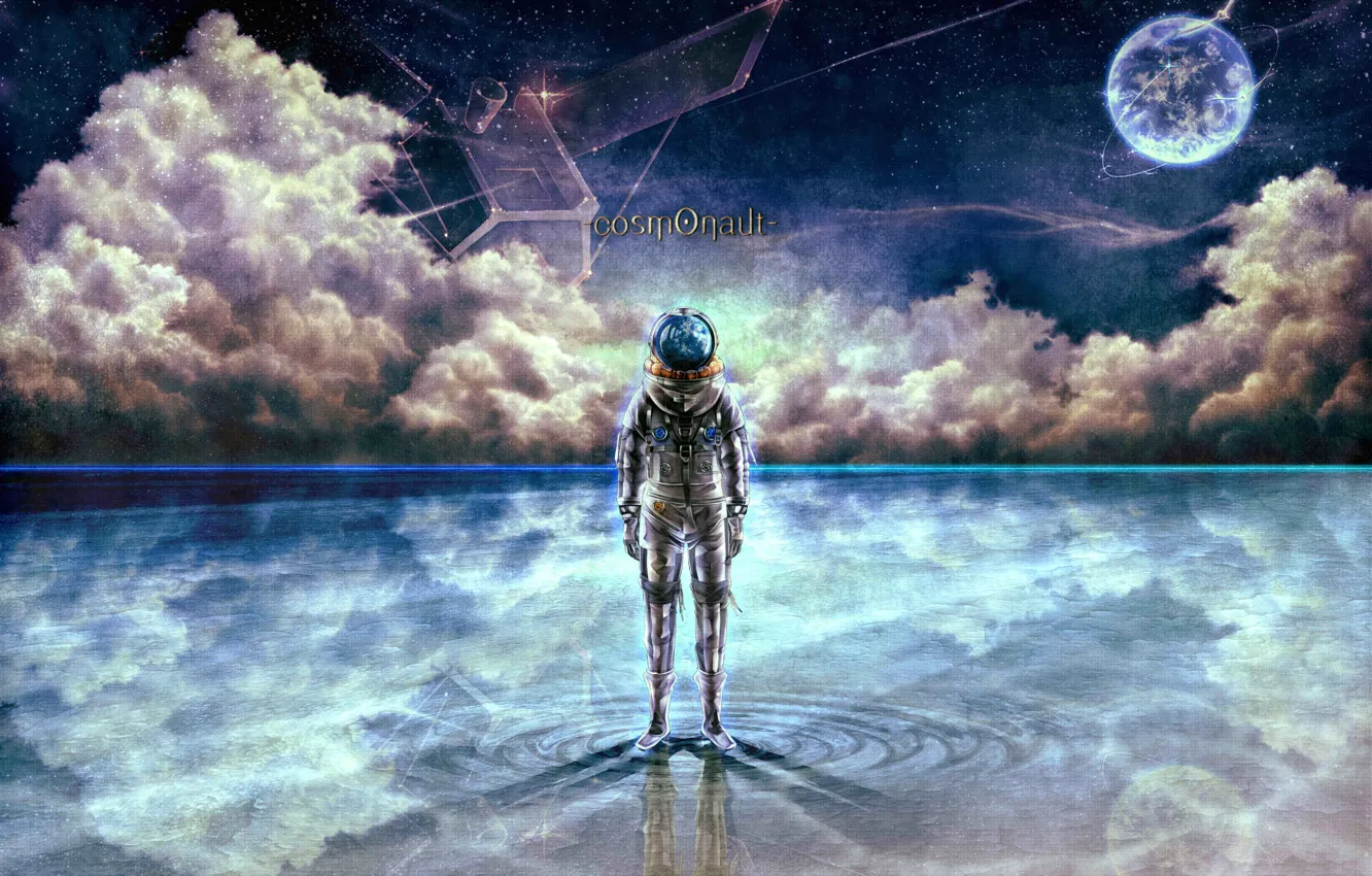 Фото обои вода, звезды, облака, космонавт, art, bouno satoshi