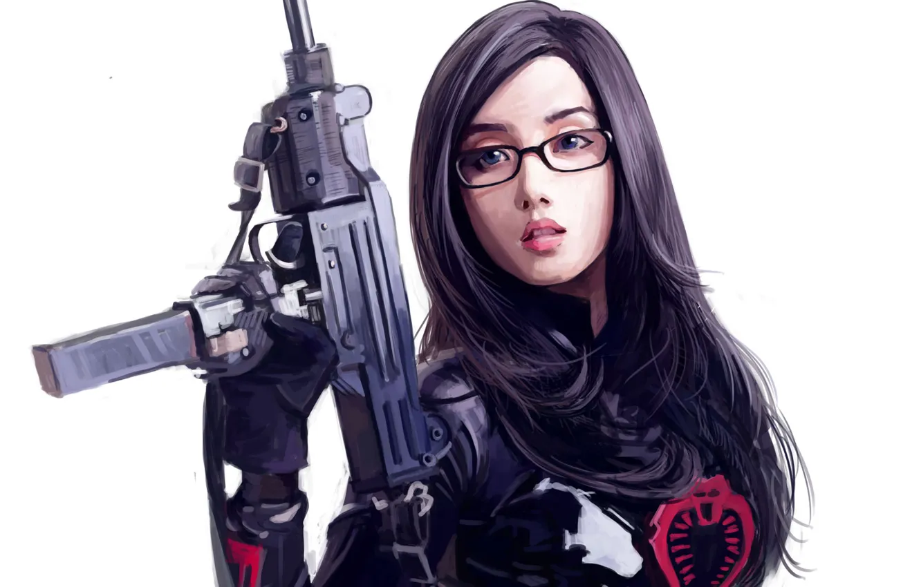 Фото обои девушка, оружие, арт, очки, белый фон, азиатка, Dtoxin