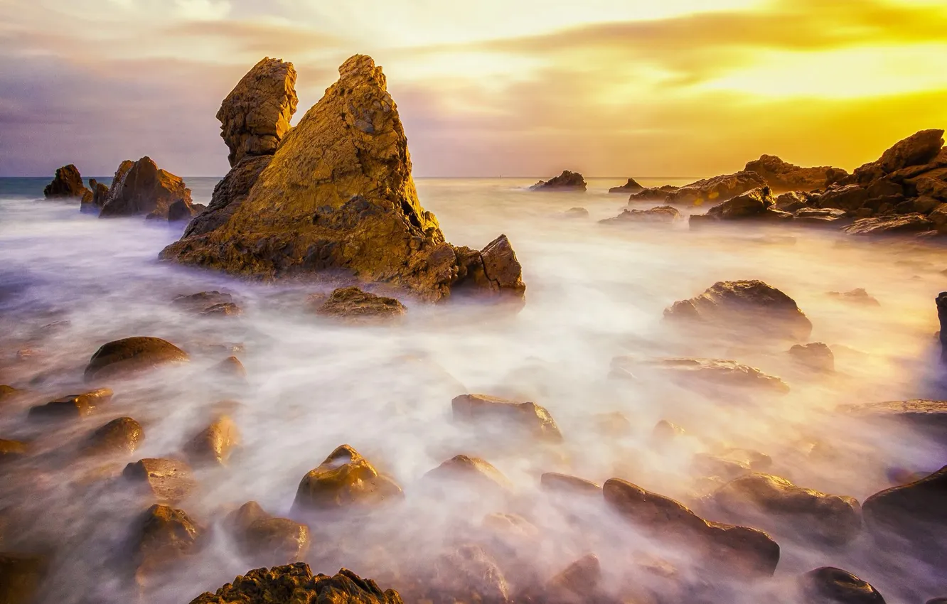 Фото обои пляж, камни, океан, скалы, рассвет, California, USА, Corona del Mar