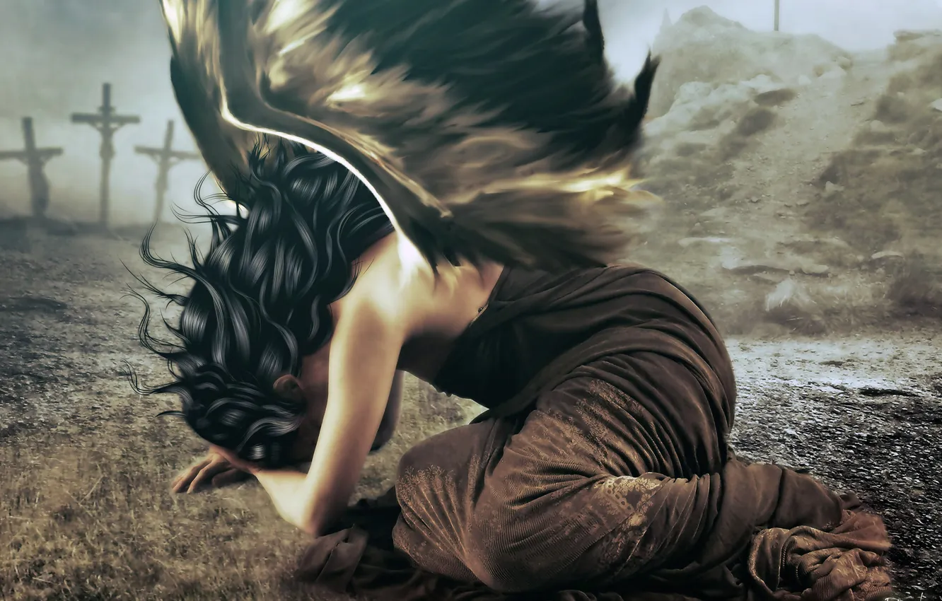 Фото обои девушка, фантастика, волосы, крылья, ангел, руки, платье, арт