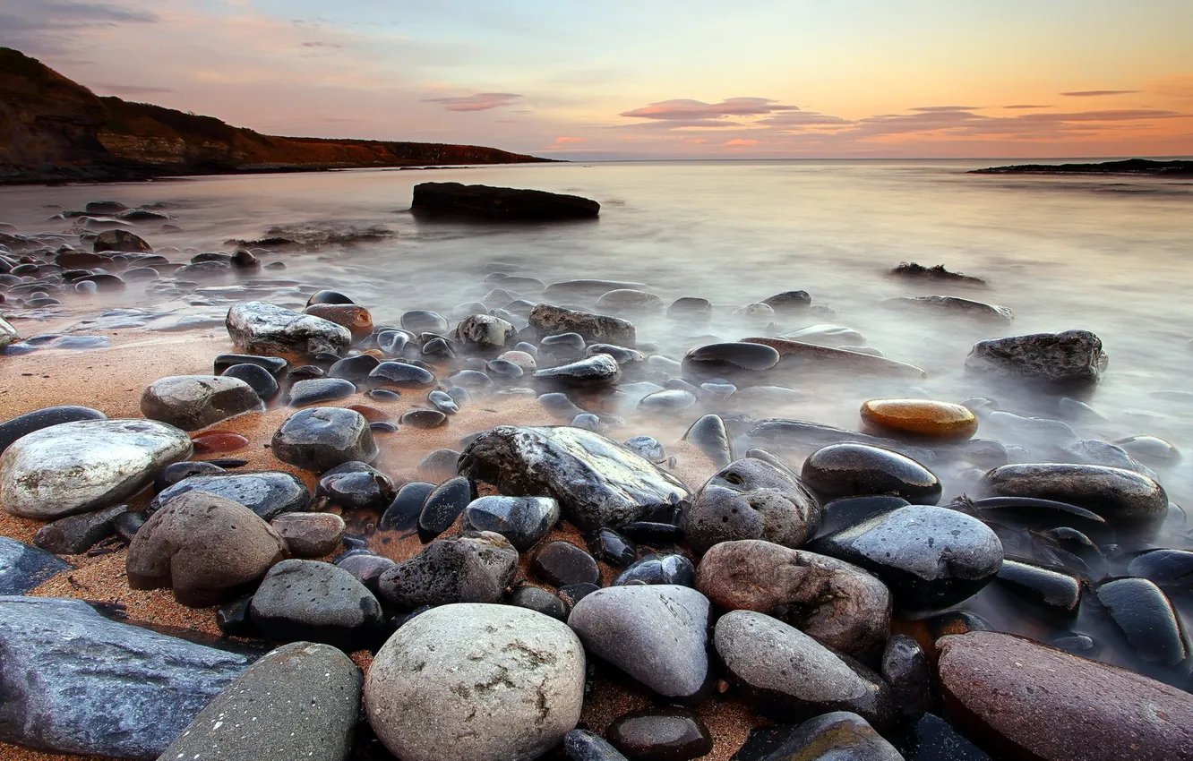 Фото обои море, пейзаж, закат, камни, берег