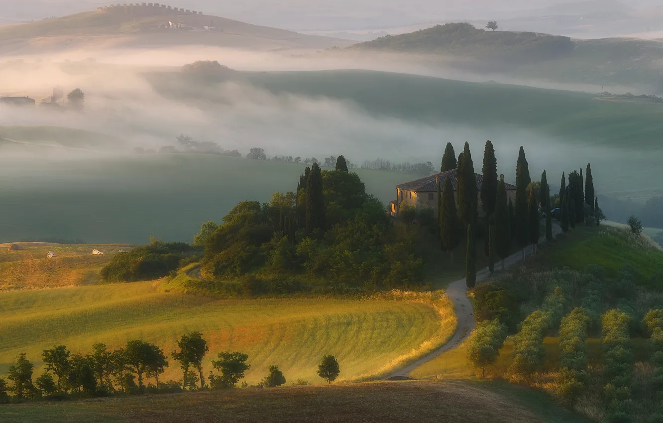 Фото обои горы, туман, дом, холмы, поля, утро, Италия, кипарисы