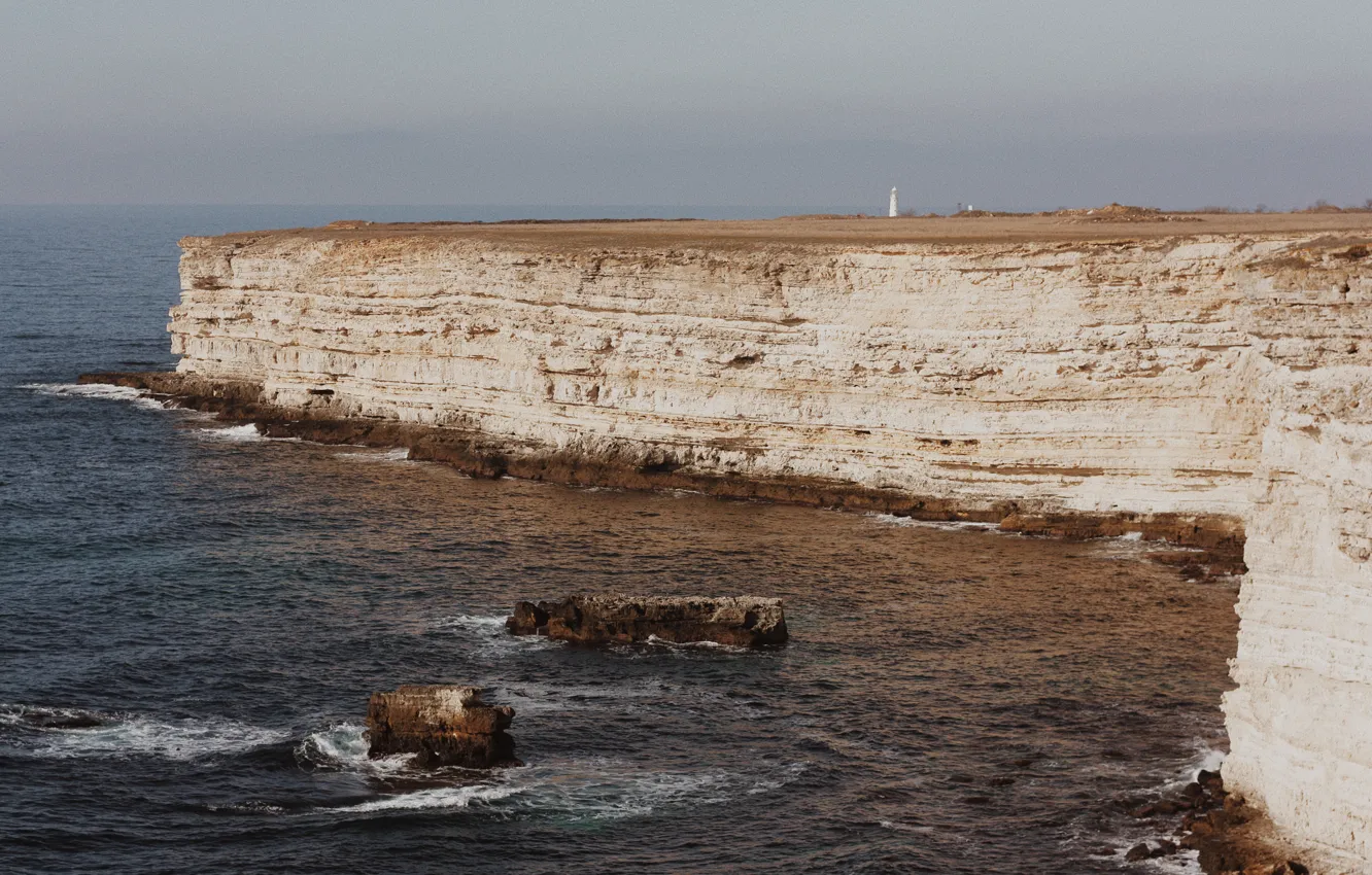 Фото обои море, обрыв, скалы, берег, маяк, край