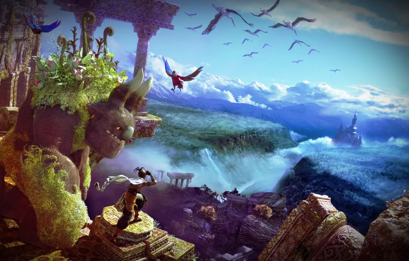 Фото обои птицы, замок, Action, руины, облока, Adventure, воин и могущественное существо, Majin and the Forsaken Kingdom