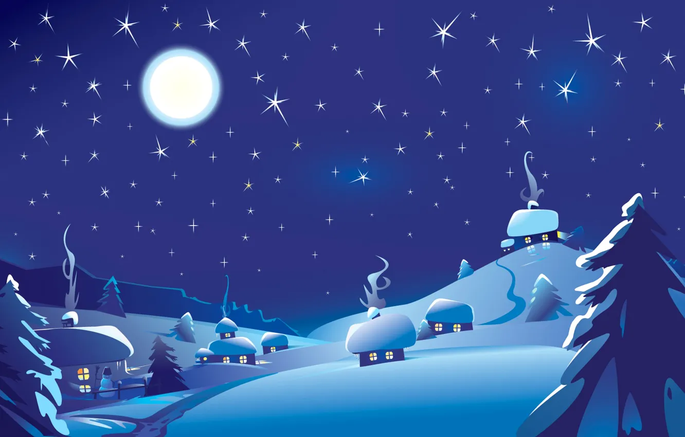 Фото обои зима, небо, звезды, пейзаж, ночь, луна, снеговик, хата