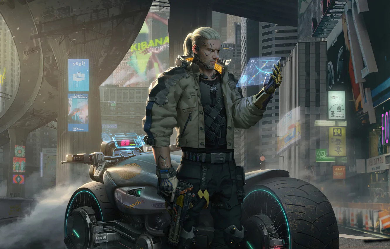 Фото обои Город, Игра, Пистолет, Мотоцикл, City, Fantasy, Gun, Арт