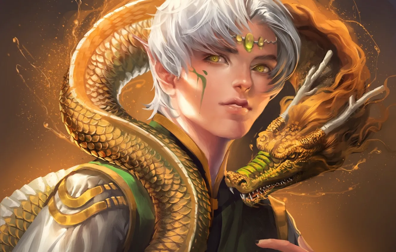 Фото обои глаза, дракон, эльф, чешуя, желтые, рога, парень, sakimichan