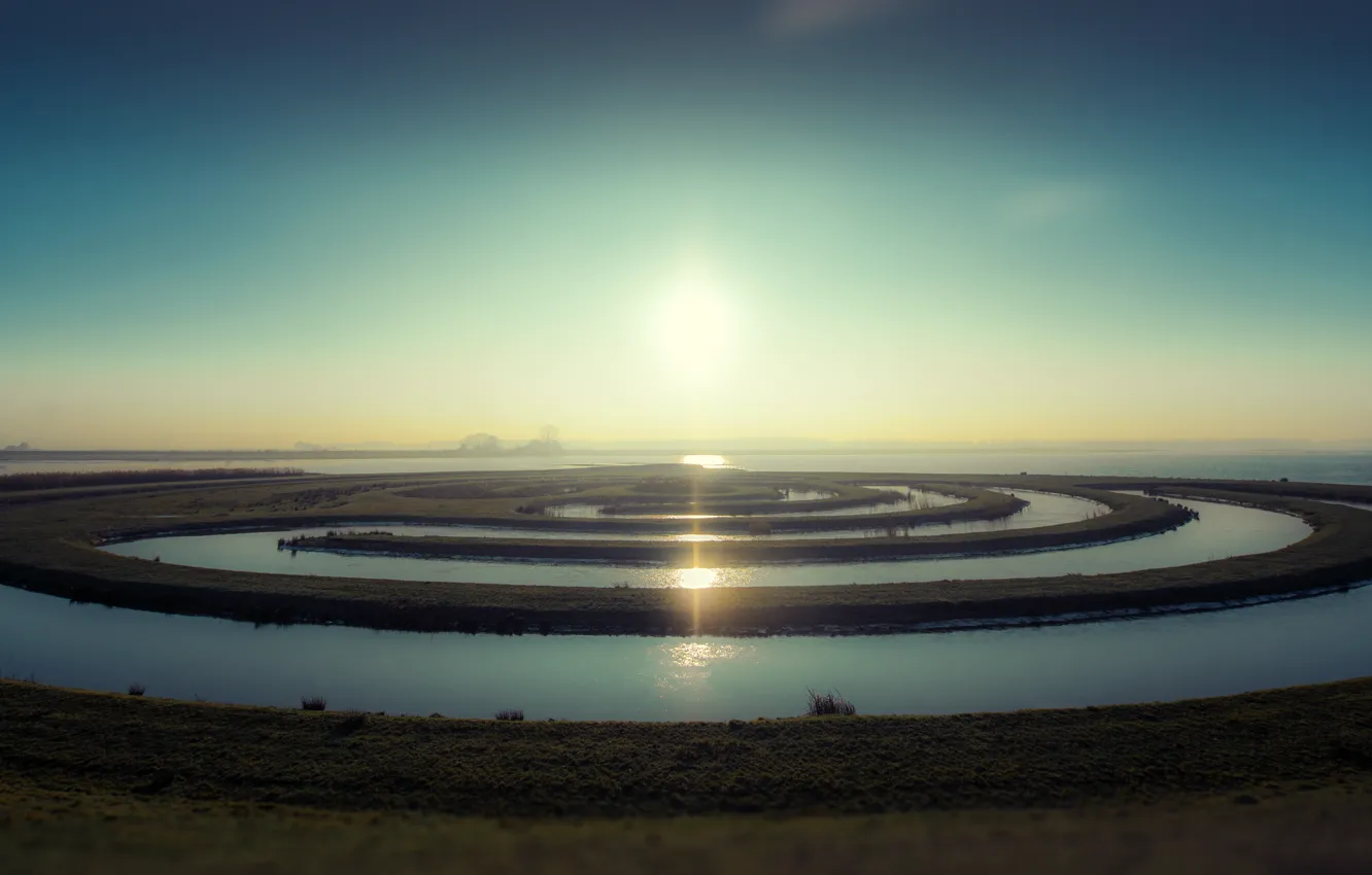 Фото обои grass, river, water, winter, sunrise, holland, netherland, biesbosch