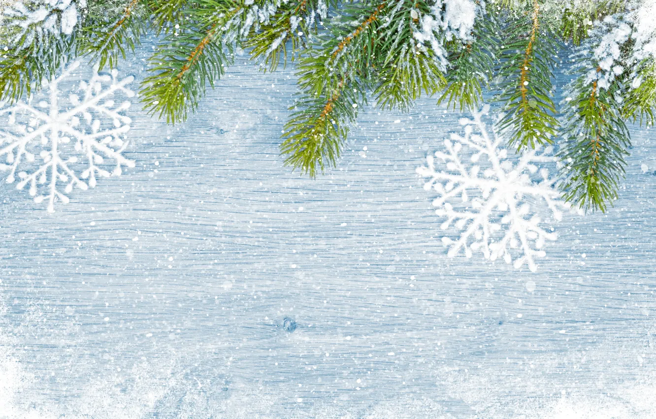 Фото обои зима, снег, снежинки, елка, Новый Год, Рождество, Christmas, wood