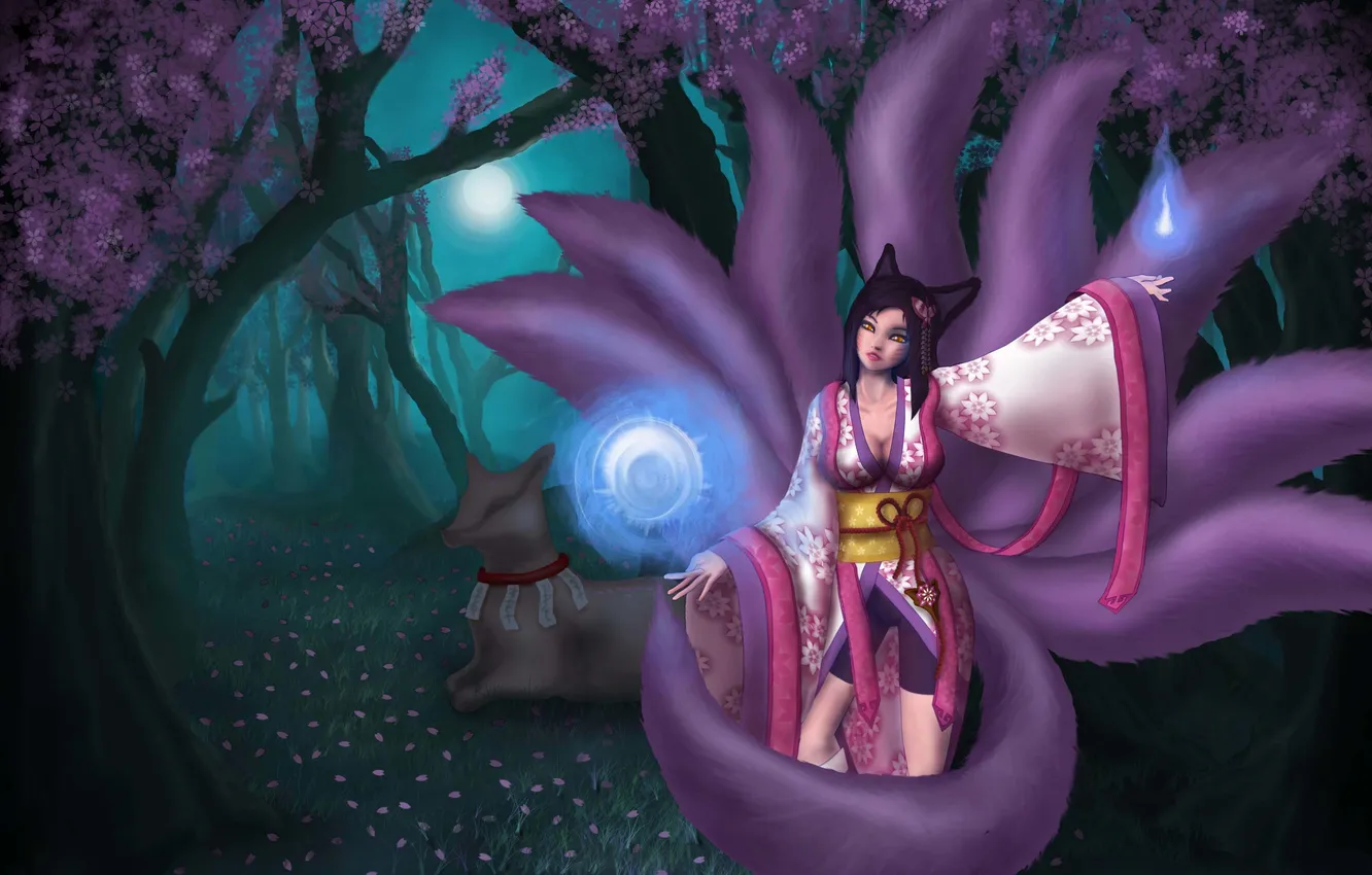Фото обои девушка, деревья, магия, лиса, кимоно, league of legends, ahri, ахри