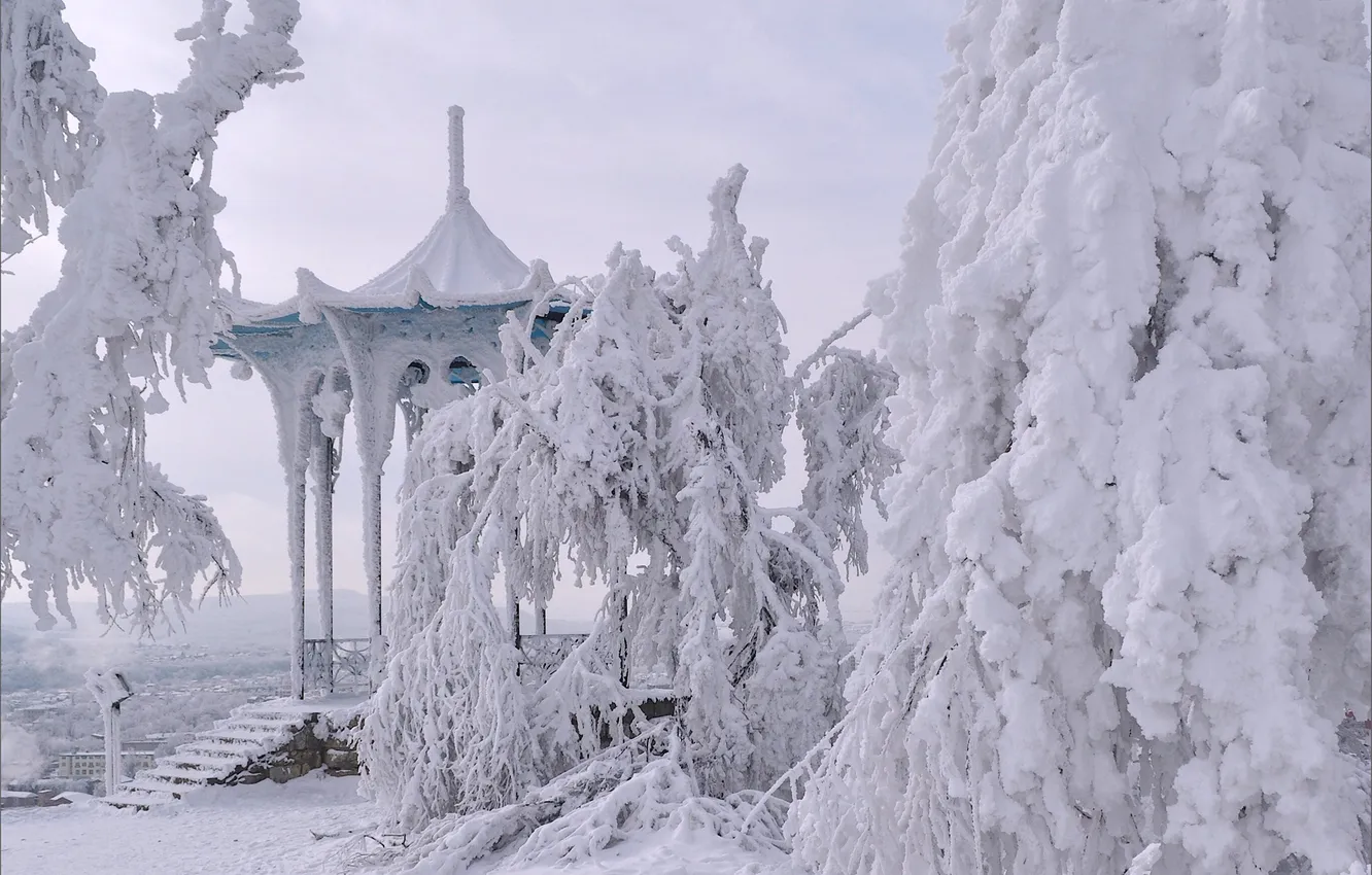 Фото обои зима, снег, Пятигорск, китайская беседка