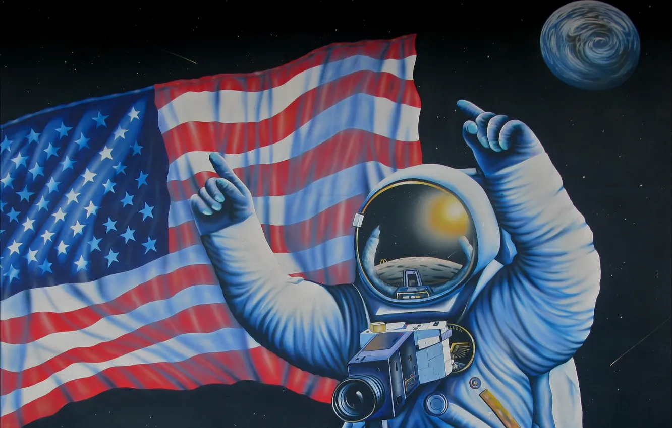 Фото обои картина, флаг США, астронавт, NASA, рисунок, космос