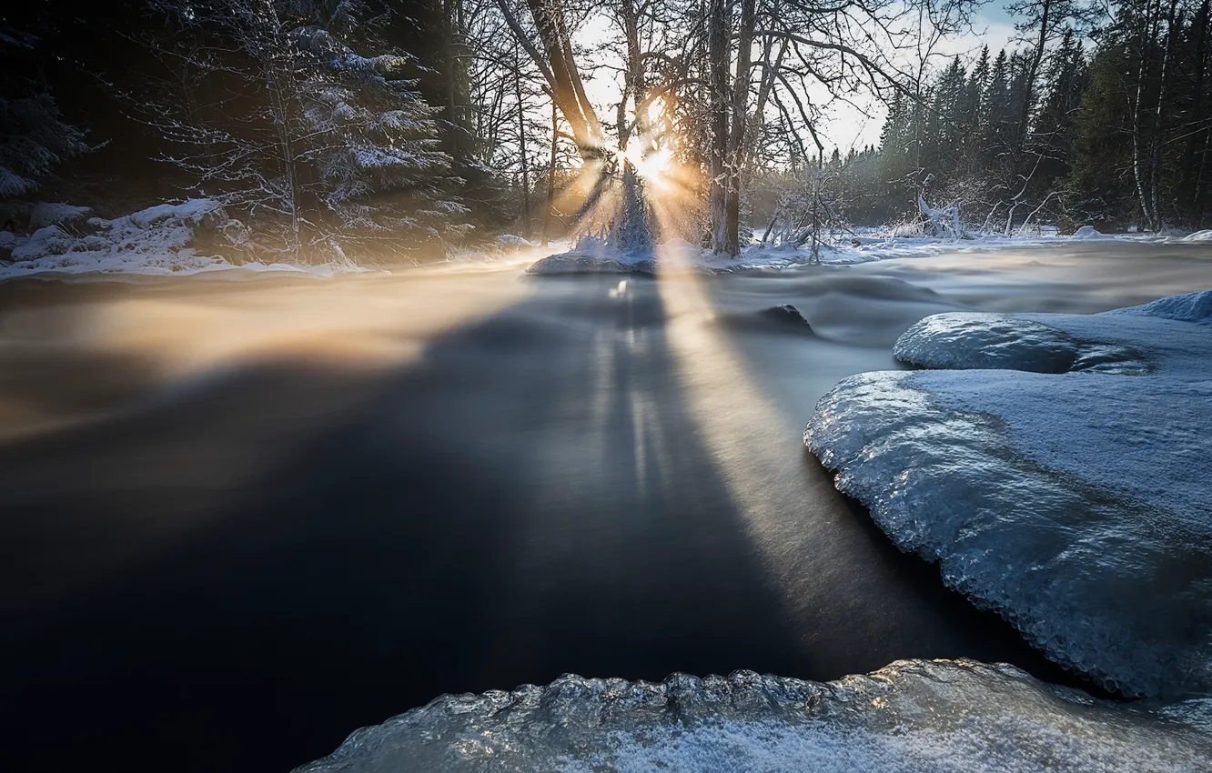 Фото обои зима, солнце, природа, река, лёд