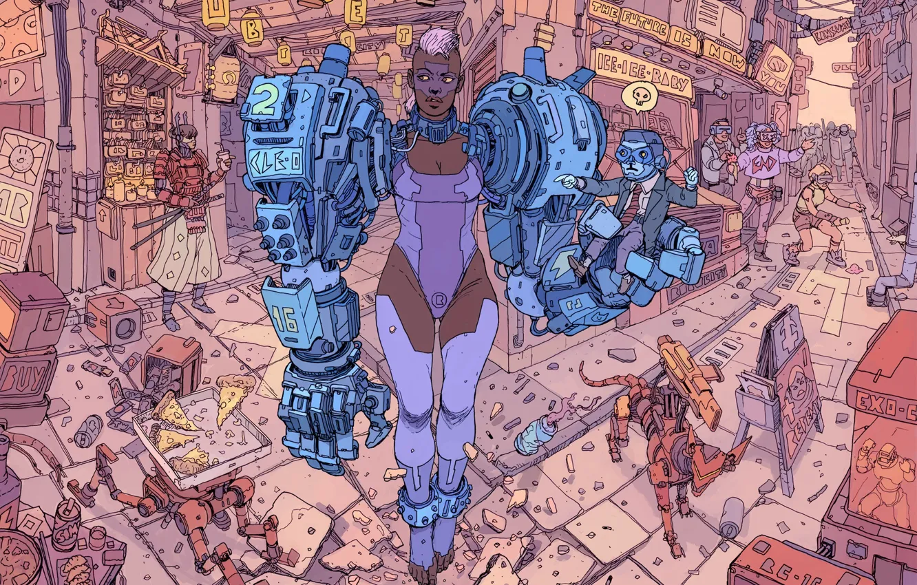 Фото обои Девушка, Робот, Роботы, Мусор, Fantasy, Арт, Art, Robot