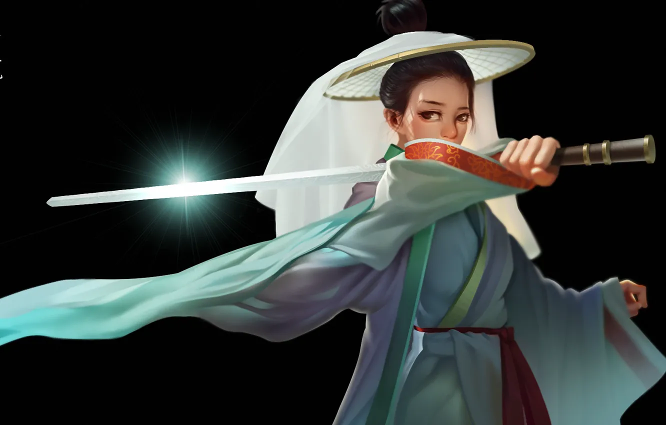 Фото обои girl, sword, fantasy, weapon, katana, digital art, artwork, black background