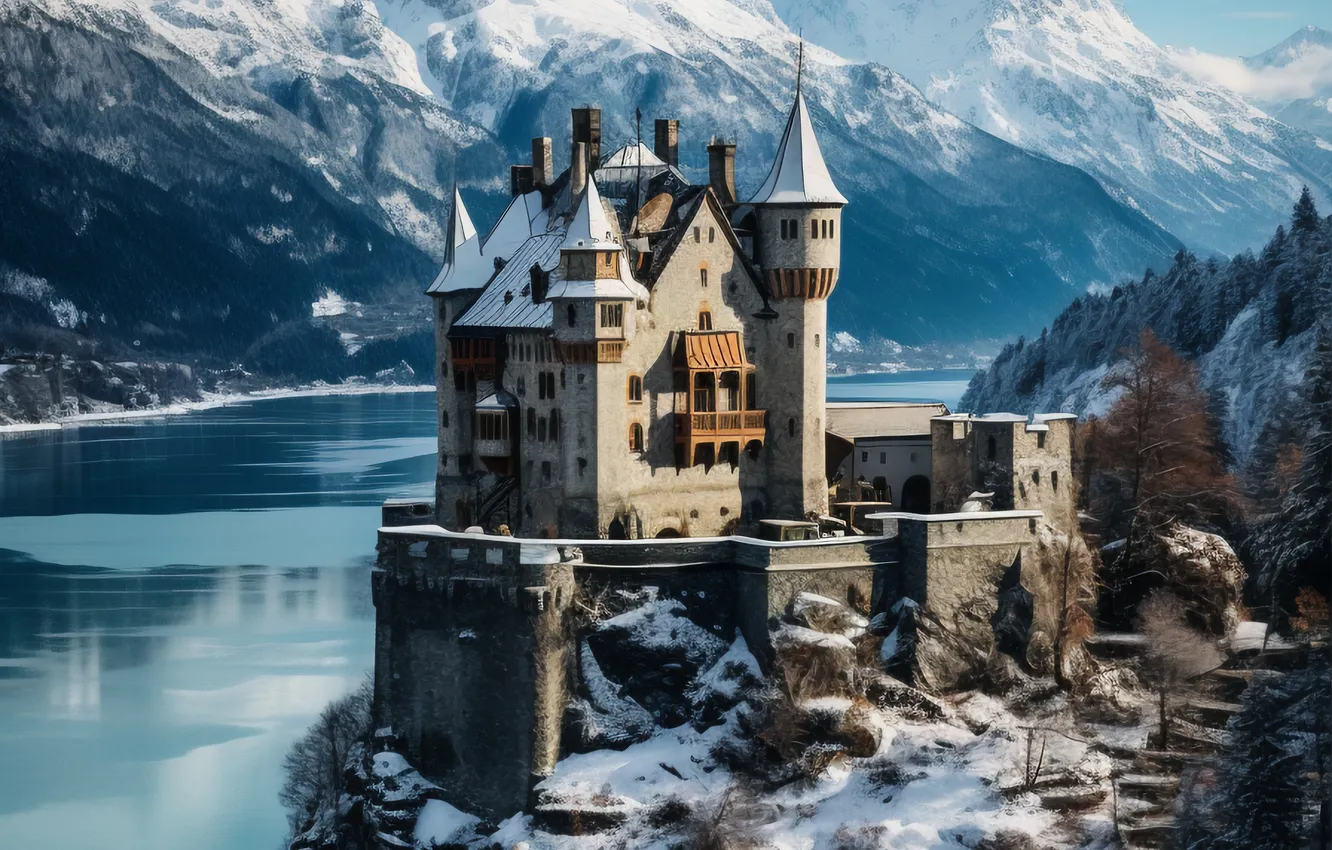 Фото обои зима, снег, горы, замок, river, winter, castle, snowy