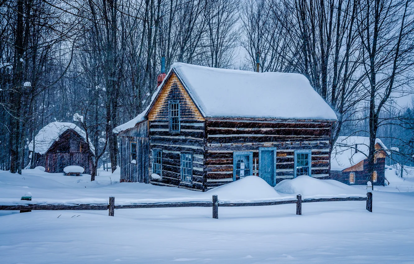 Фото обои снег, дом, Miners Log Cabin