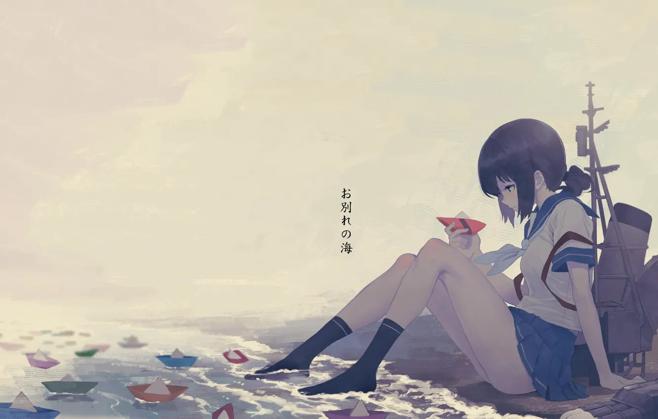 Фото обои girl, school uniform, legs, anime, water, mood, artwork, feeling
