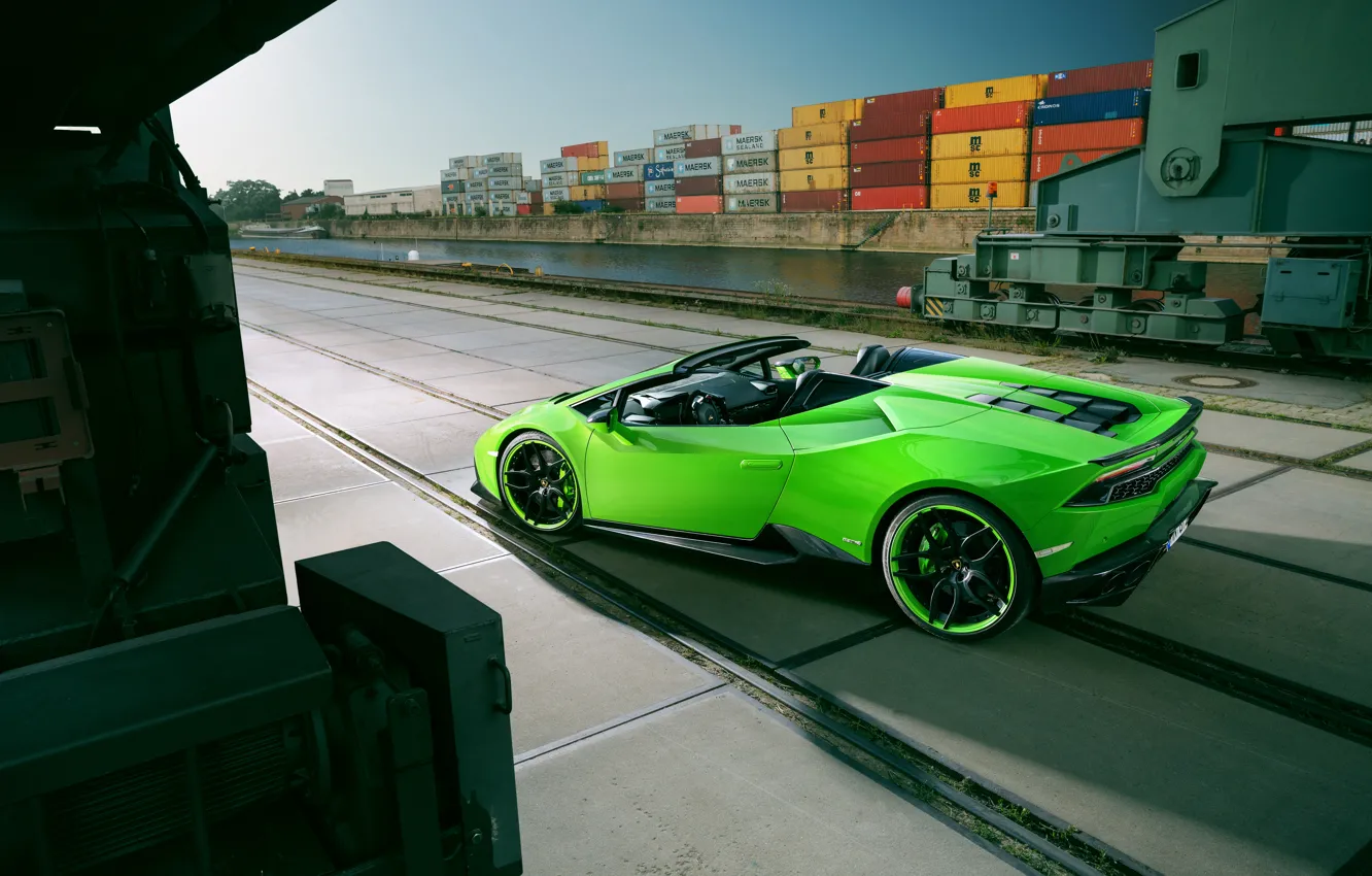 Фото обои car, небо, green, Lamborghini, порт, автомобиль, Spyder, контейнеры