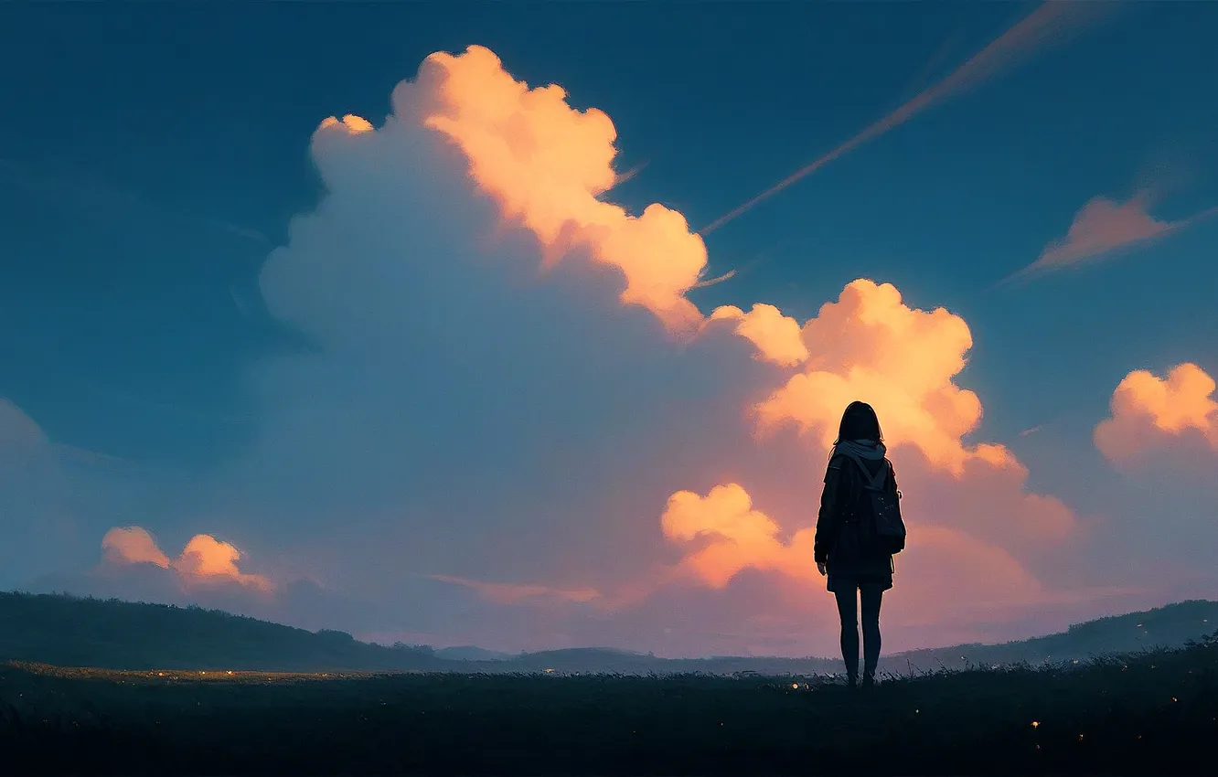 Фото обои girl, sky, landscape, sunset, mountains, clouds, digital art, artwork