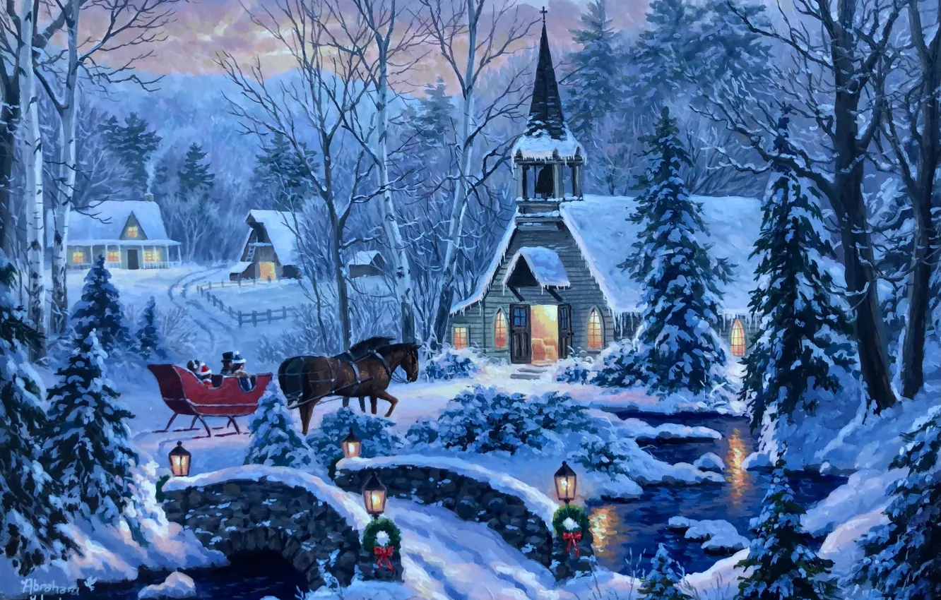 Фото обои зима, лес, снег, мост, река, вечер, лошади, церковь