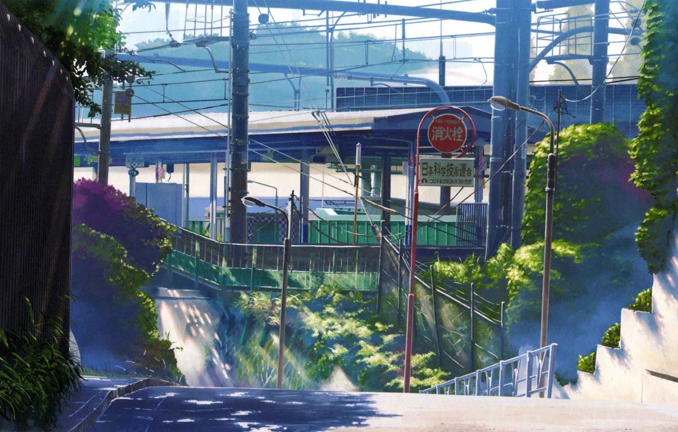 Фото обои зелень, лето, улица, столбы, провода, забор, япония, вокзал