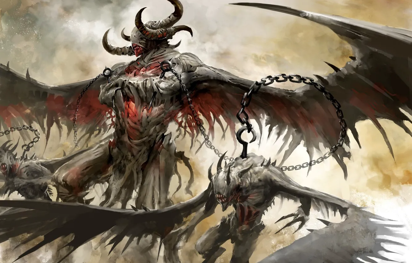 Фото обои крылья, цепь, рога, Guild Wars 2, демоны, крюк