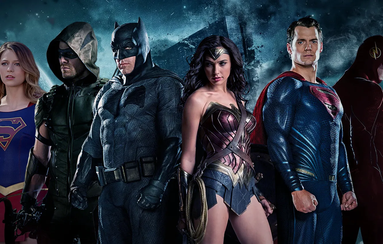 Фото обои batman, superman, supergirl, wonder woman, flash, Justice League, green arrow