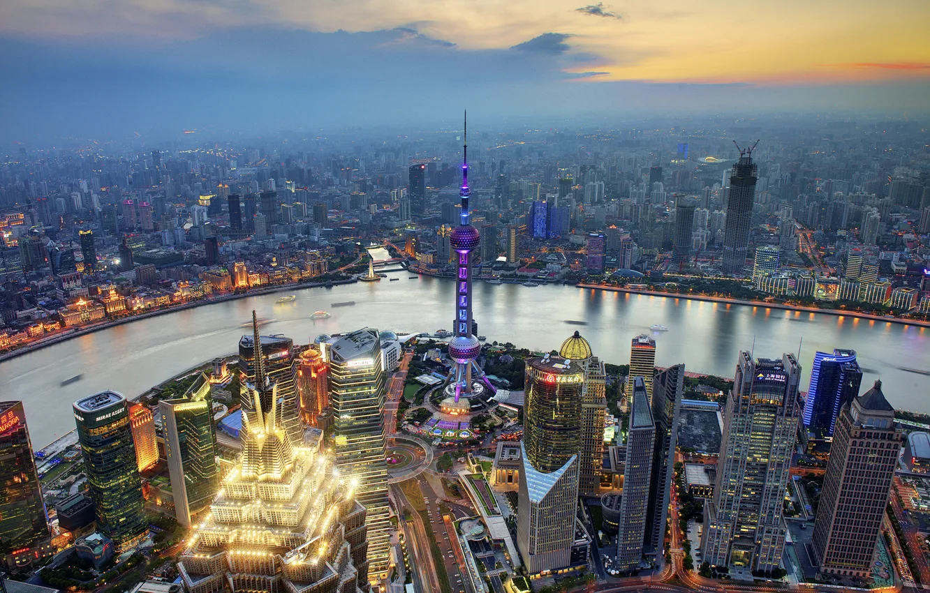 Фото обои закат, река, Китай, Oriental Pearl Tower, Jin Mao Tower, реки Хуанпу
