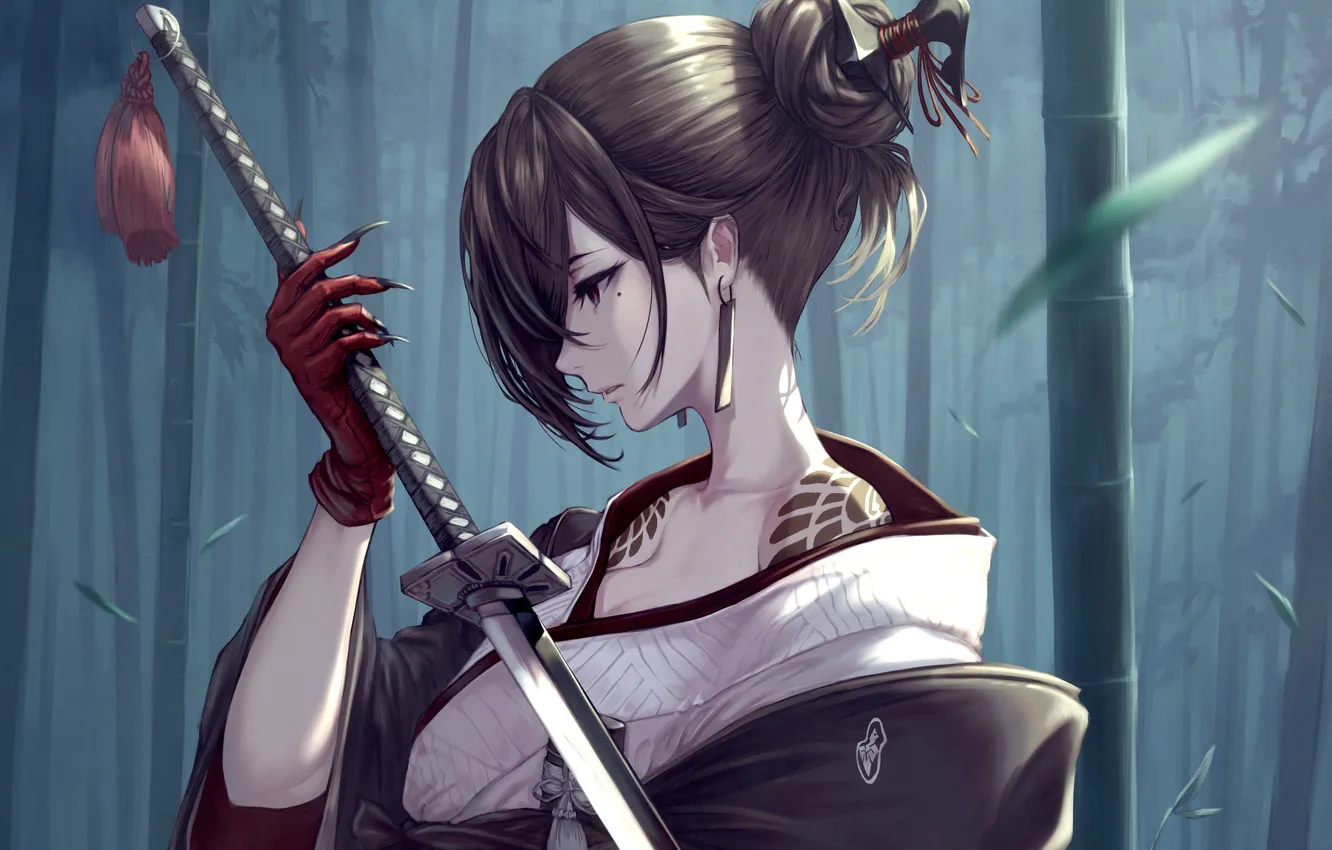 Фото обои girl, sword, fantasy, weapon, katana, tattoo, brunette, digital art