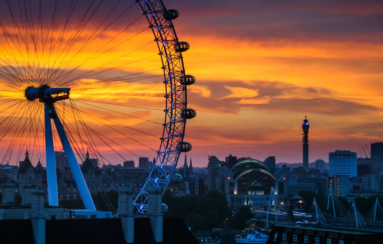 Фото обои закат, город, дома, колесо обозрения, London, England, South Bank