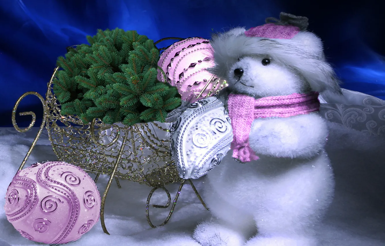 Фото обои снег, игрушки, новый год, ель, белый медвежонок
