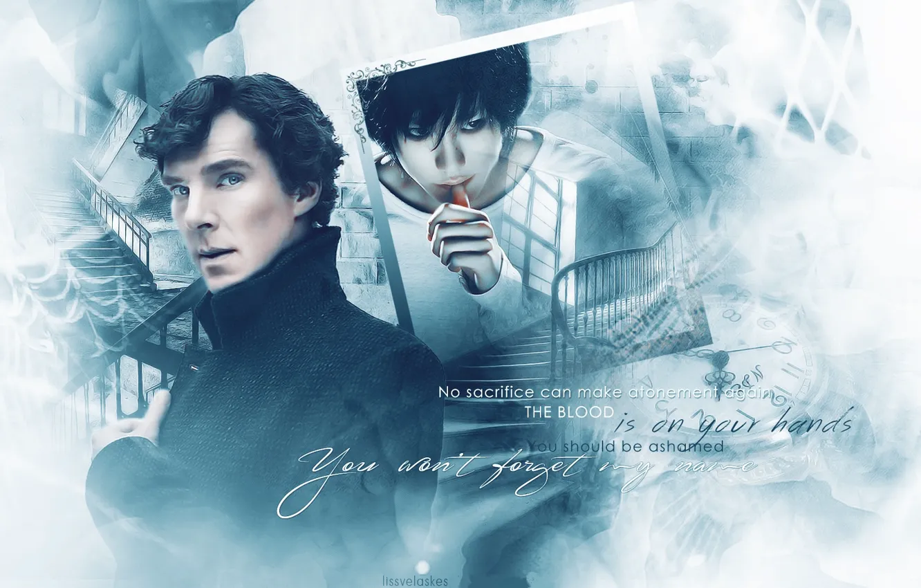 Фото обои арт, Death Note, Тетрадь Смерти, Шерлок Холмс, кроссовер, Бенедикт Камбербэтч, Sherlock, Sherlock BBC